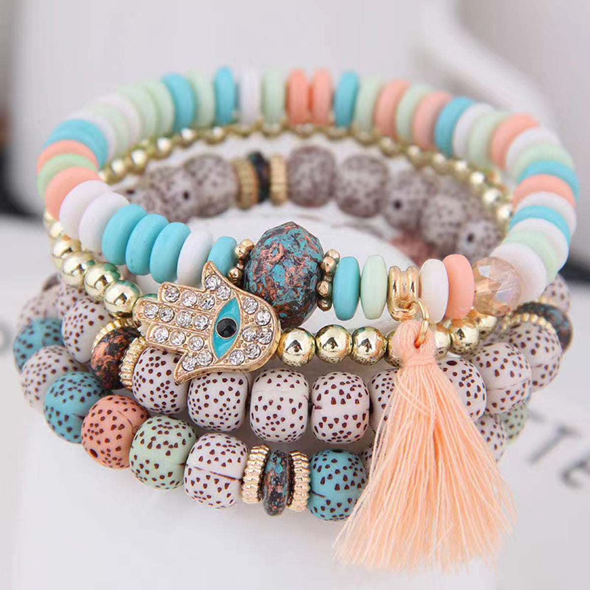 4pc Women's Boho Style Tassel Bracelets, Mixed Color Beaded