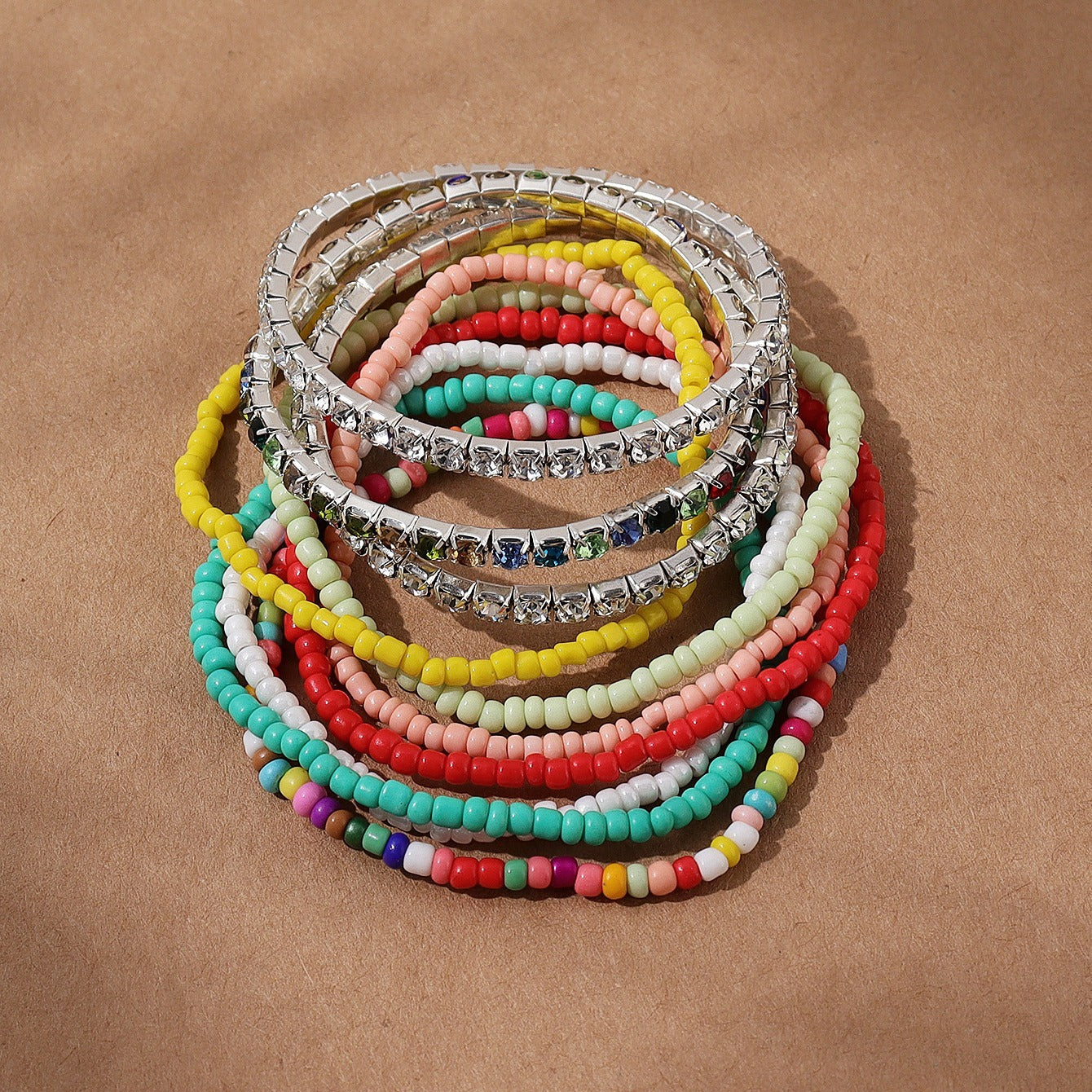 Boho Ethnic Seed Beaded Rhinestone Elastic Bracelets with Charms