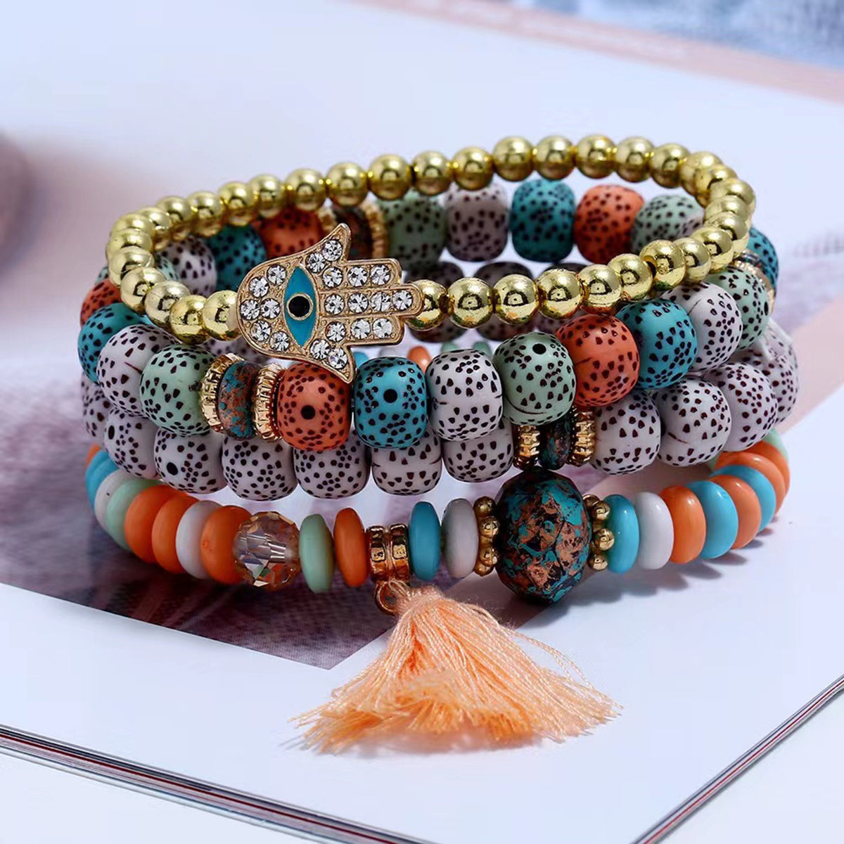 4pc Women's Boho Style Tassel Bracelets, Mixed Color Beaded