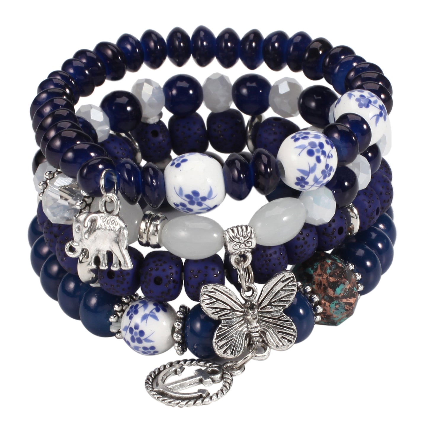 Bohemian Layered Beaded Bracelet, Elephant, Anchor, & Butterfly Shaped Pendants, Stretch & Stackable