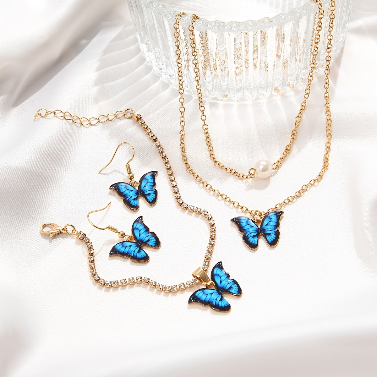 4 pc Butterfly Pendant Jewelry Set With Drop Necklace, Chain Bracelet, & Dangle Earrings