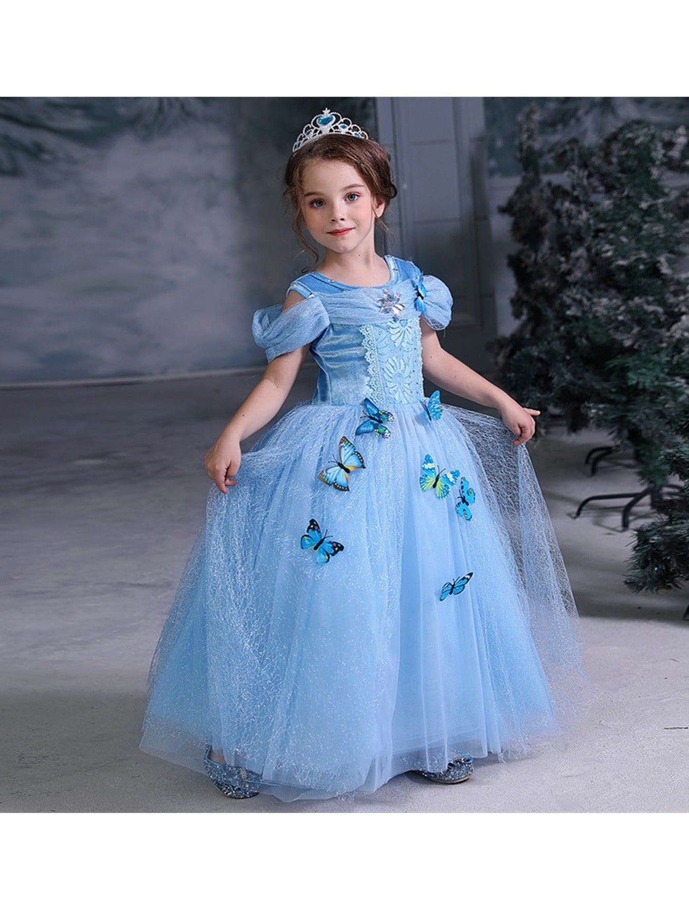 9pc  Cinderella Princess Dress Costume, Jewelry, Gloves, Crown & Princess Wand