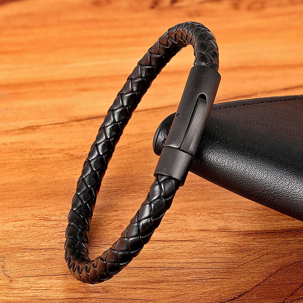 Classic Style Mens Leather Bracelet, Simple Black Stainless Steel Button,  Handwoven