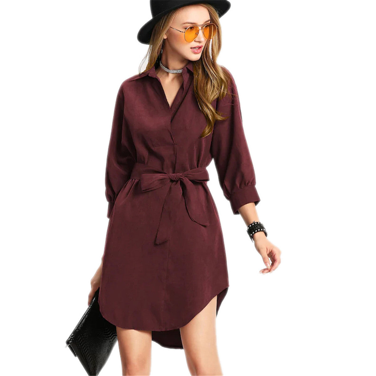 Classic, Solid Color, Tied Shirt Dress