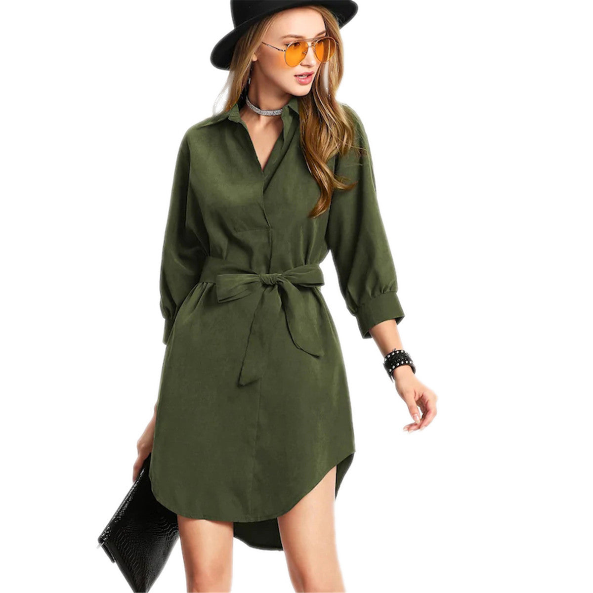 Classic, Solid Color, Tied Shirt Dress