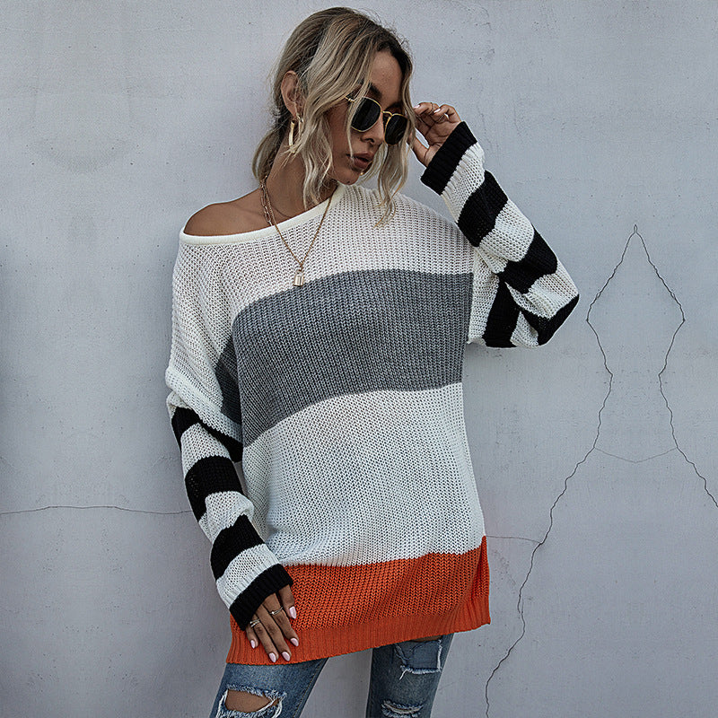 Women's Striped, Round Neck, Knitted Sweater