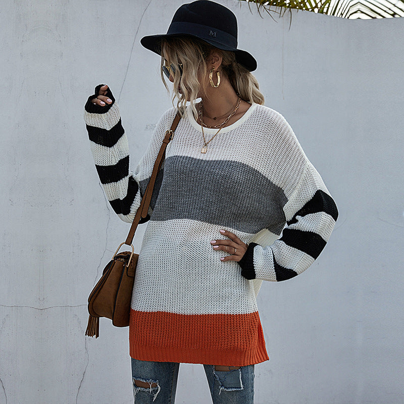 Women's Striped, Round Neck, Knitted Sweater