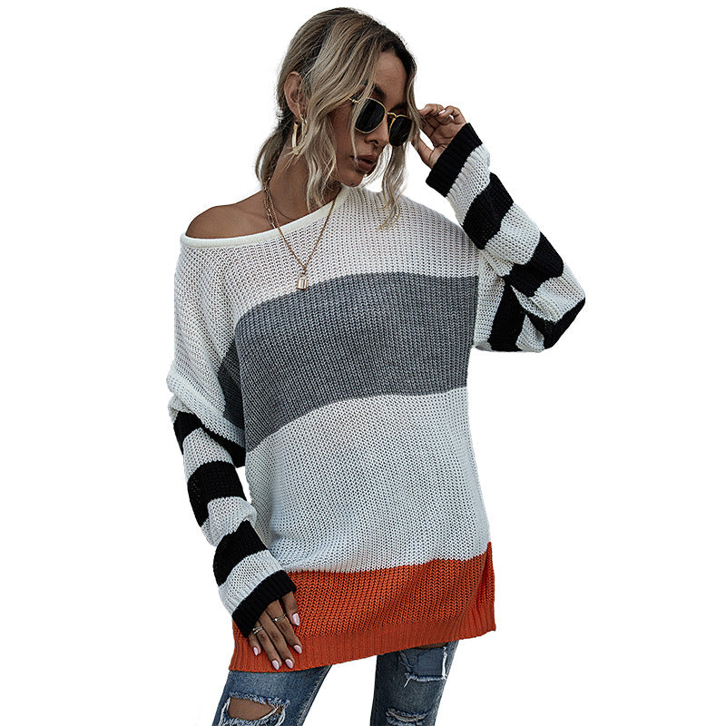 Women's Striped, Round Neck, Knitted Sweater