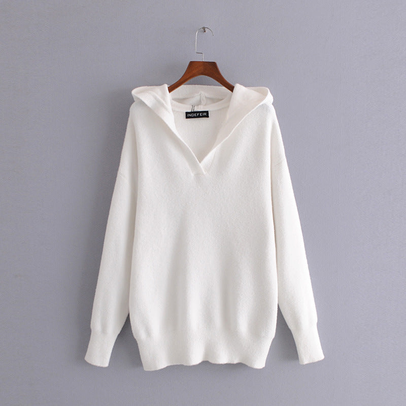 Soft, Hooded, Solid Color Knitted Sweater For Women