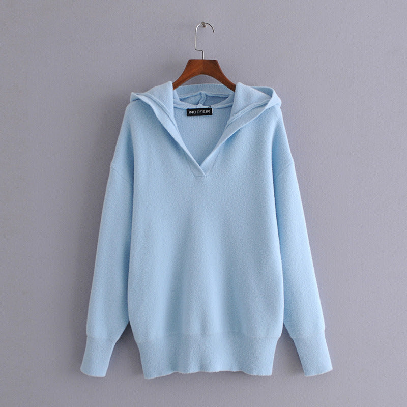 Soft, Hooded, Solid Color Knitted Sweater For Women