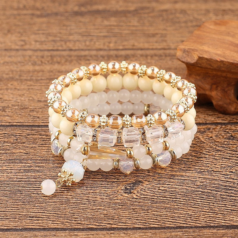 4 Pc Women's Multi-layer Bracelet Set, Natural Stone Crystal Elastic Bangle Jewelry