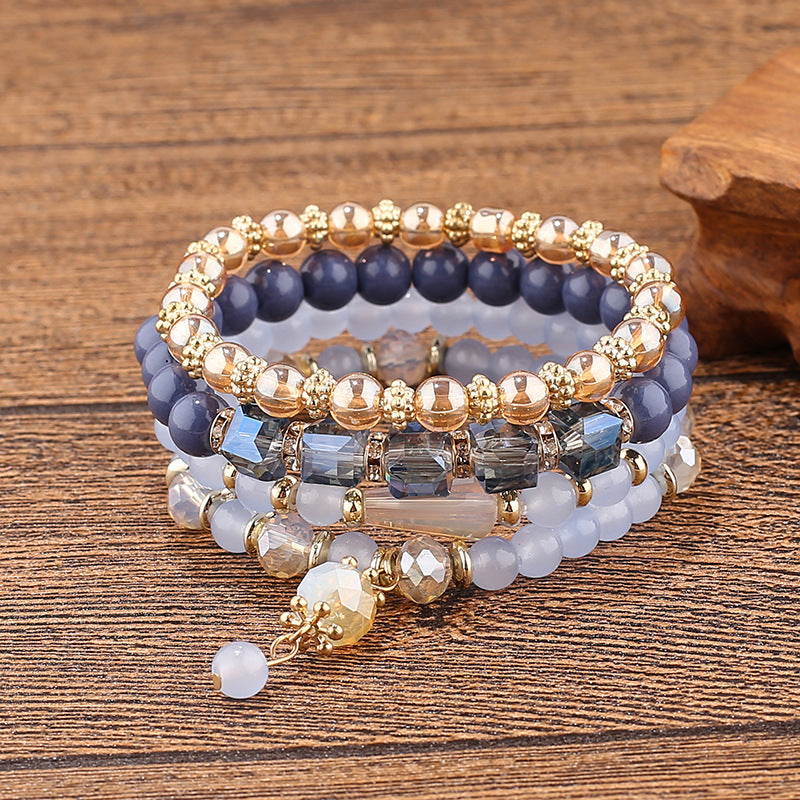 4 Pc Women's Multi-layer Bracelet Set, Natural Stone Crystal Elastic Bangle Jewelry