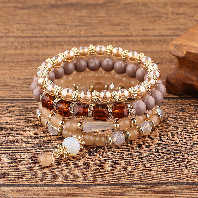 4 Pc Women's Multi-layer Bracelet Set, Natural Stone Crystal Elastic Bangle Jewelry