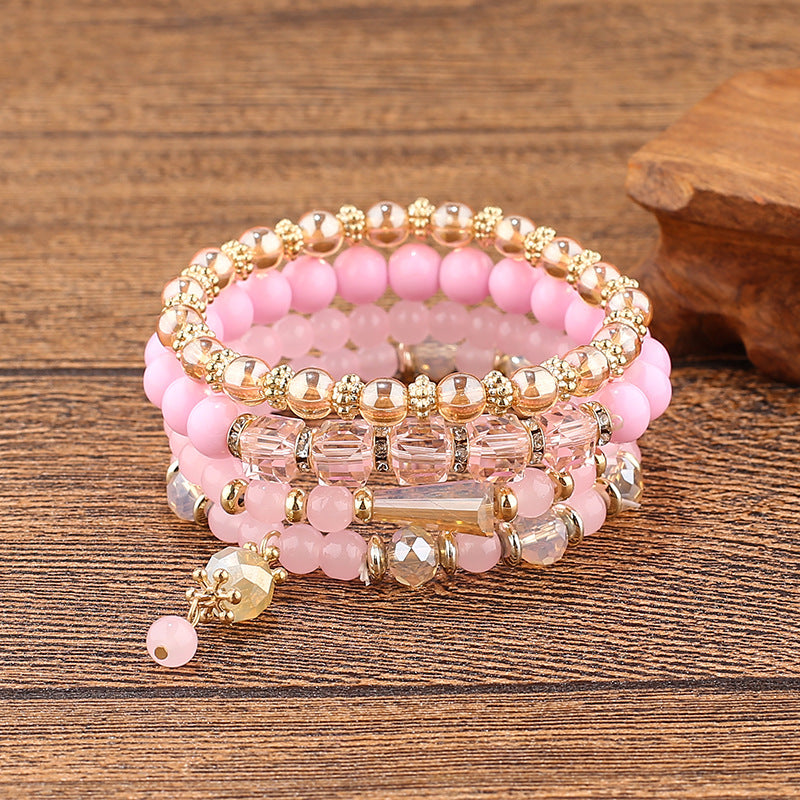 4 Pc Women's Multi-layer Bracelet Set, Natural Stone Crystal Elastic Bangle Jewelry