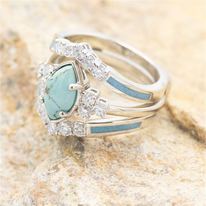 3 pc set of Women's 18K Gold Plated, multi-layer hollow Turquoise rings, w/ delicate Moissanite, Sizes 5-11