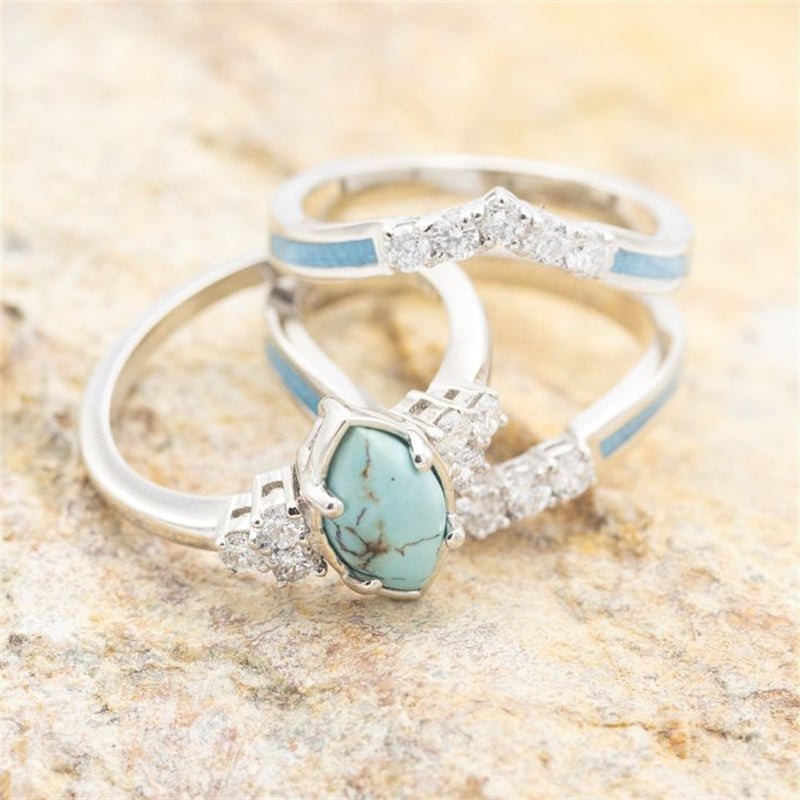 3 pc set of Women's 18K Gold Plated, multi-layer hollow Turquoise rings, w/ delicate Moissanite, Sizes 5-11