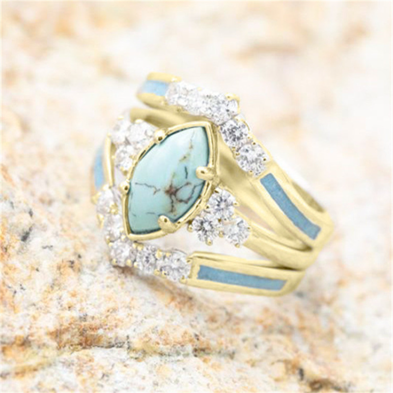 3 pc set of Women's 18K Gold Plated, multi-layer hollow Turquoise rings, w/ delicate Moissanite, Sizes 5-11