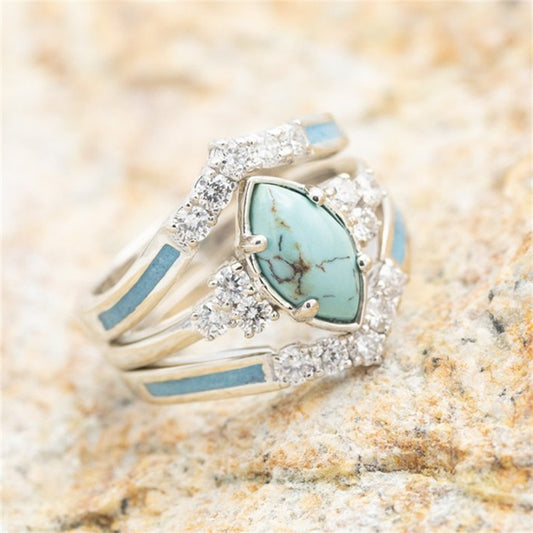 3 pc set of Women's 18K Gold Plated, multi-layer hollow Turquoise rings, w/ delicate Moissanite, Sizes 5-11