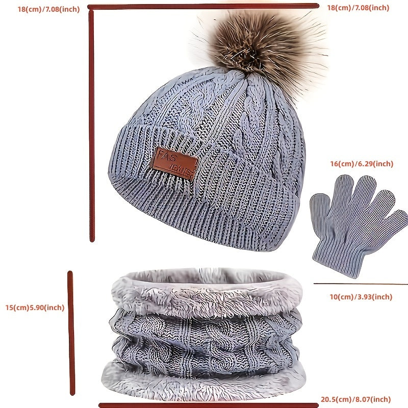 3pc Girls Knitted Thermal Beanie Hat & Gloves & Scarf Set