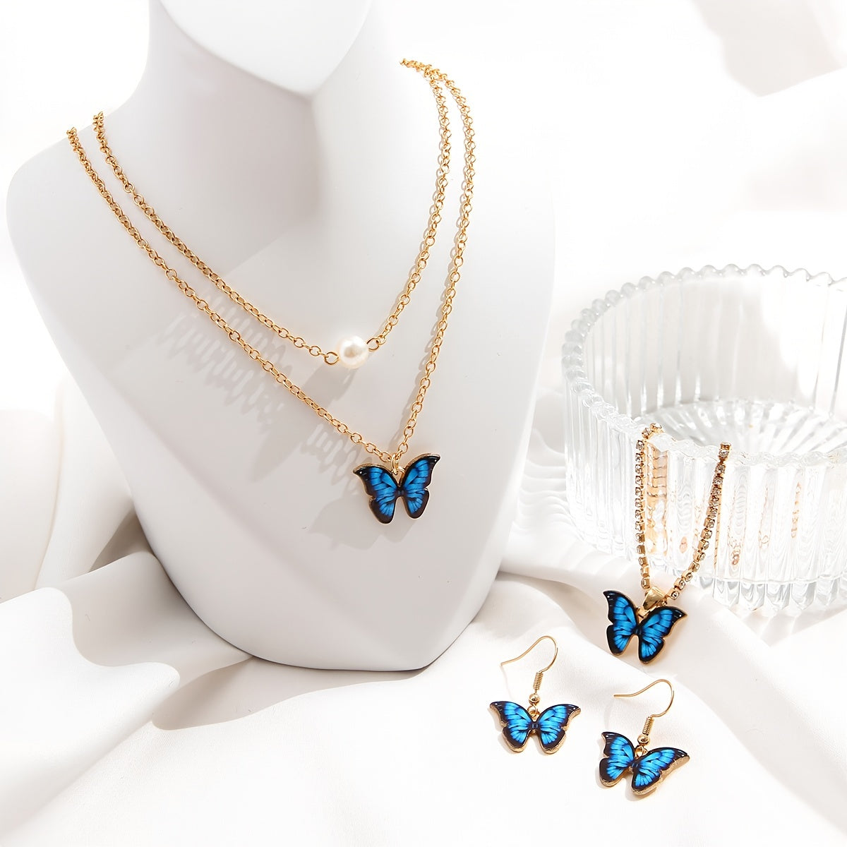 4 pc Butterfly Pendant Jewelry Set With Drop Necklace, Chain Bracelet, & Dangle Earrings