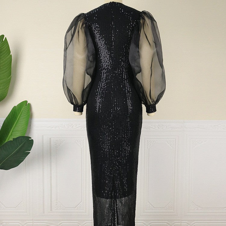 Lantern Sleeve, Stretch Sequin,  Mid-length Party Dress