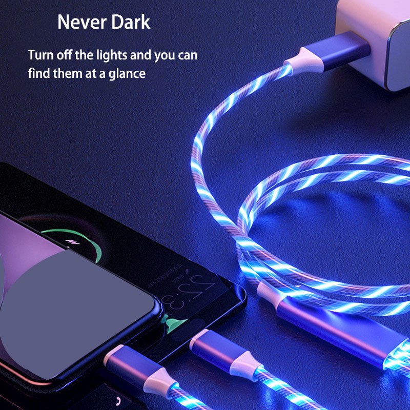 1.2m/3.9ft 3-In-1 LED Flowing Light, Charging USB Cable For Android, Type-C