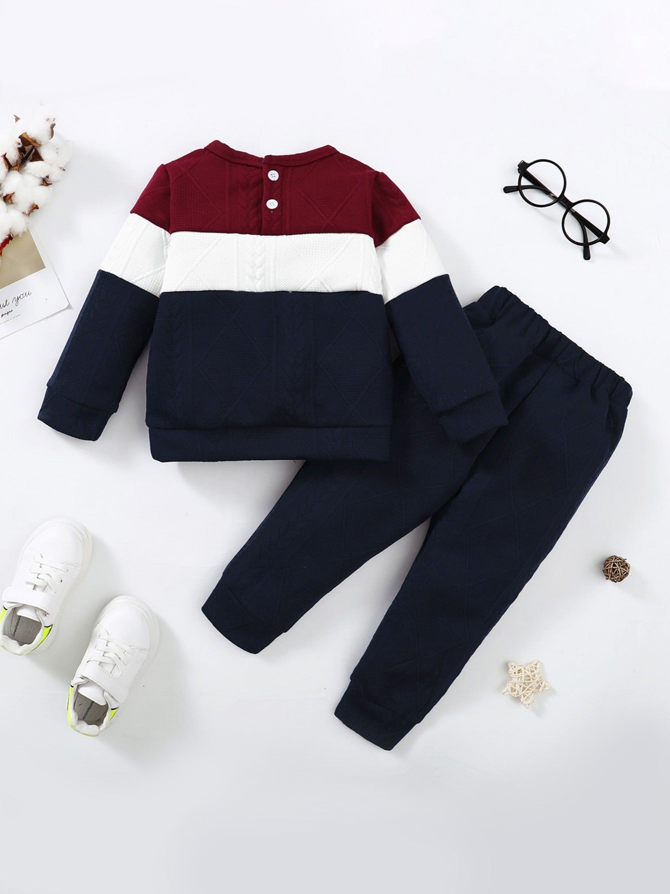 Boys Casual Knitted Color Block Pullover Top & Pants Set