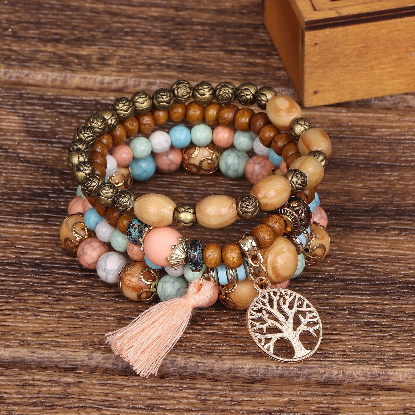 4pc Tree & Tassel Charm Beaded Bracelet, Handmade