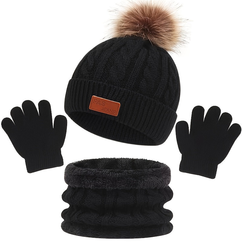 3pc Girls Knitted Thermal Beanie Hat & Gloves & Scarf Set