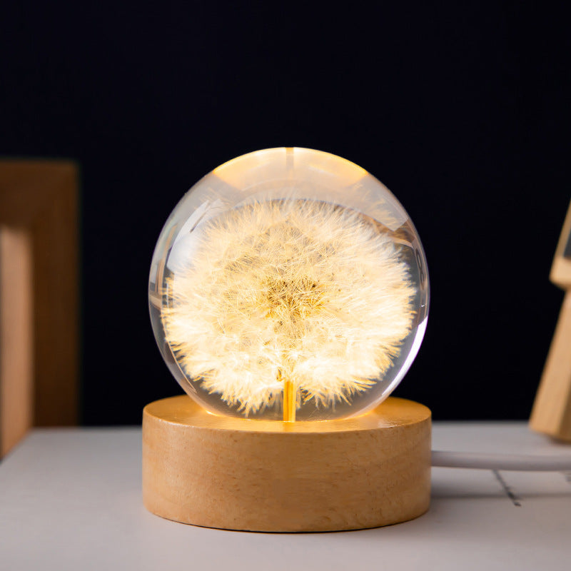 Luminous 3D , Preserved Flower Crystal Ball, with Beech Wood Stand Base