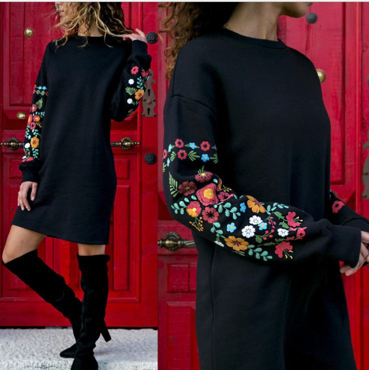 Women's Casual Long Sleeve Floral Embroidery Dress