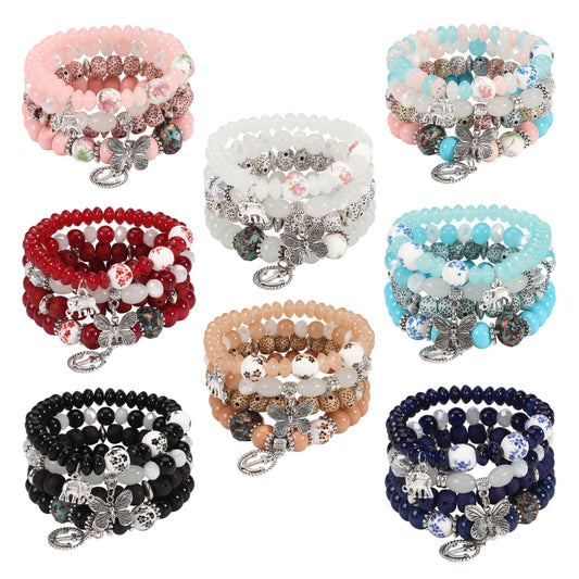 Bohemian Layered Beaded Bracelet, Elephant, Anchor, & Butterfly Shaped Pendants, Stretch & Stackable