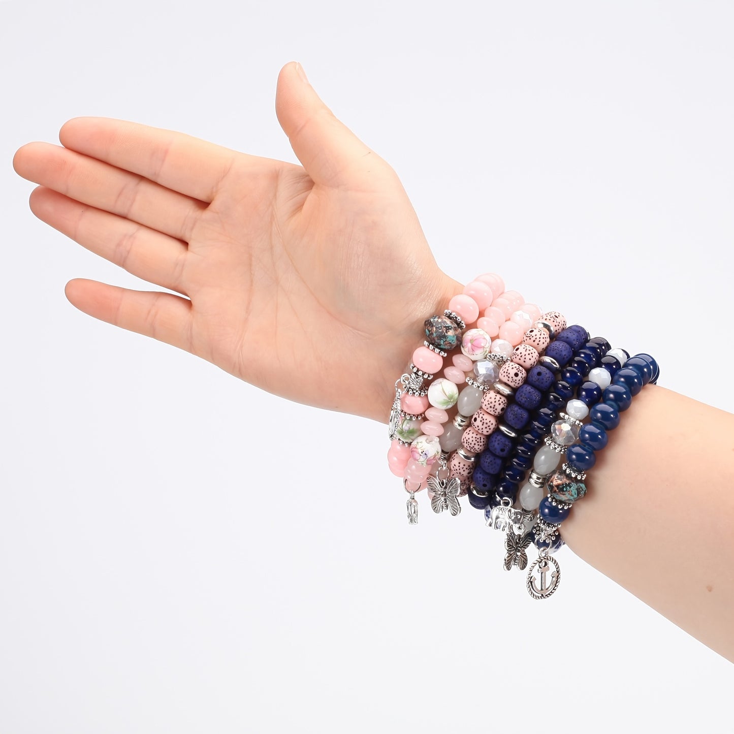 Bohemian Layered Beaded Bracelet, Elephant, Anchor, & Butterfly Shaped Pendants, Stretch & Stackable