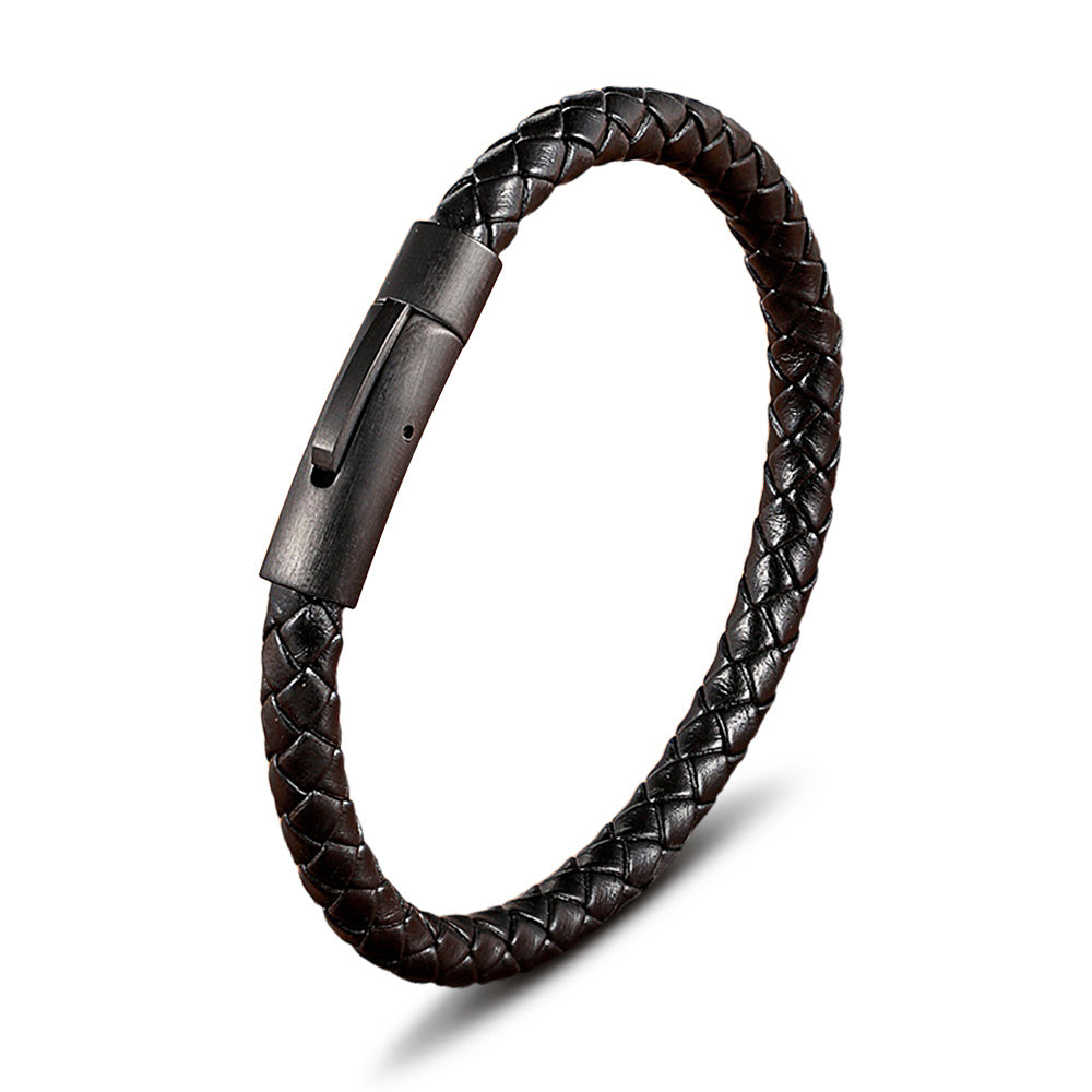 Classic Style Mens Leather Bracelet, Simple Black Stainless Steel Button,  Handwoven