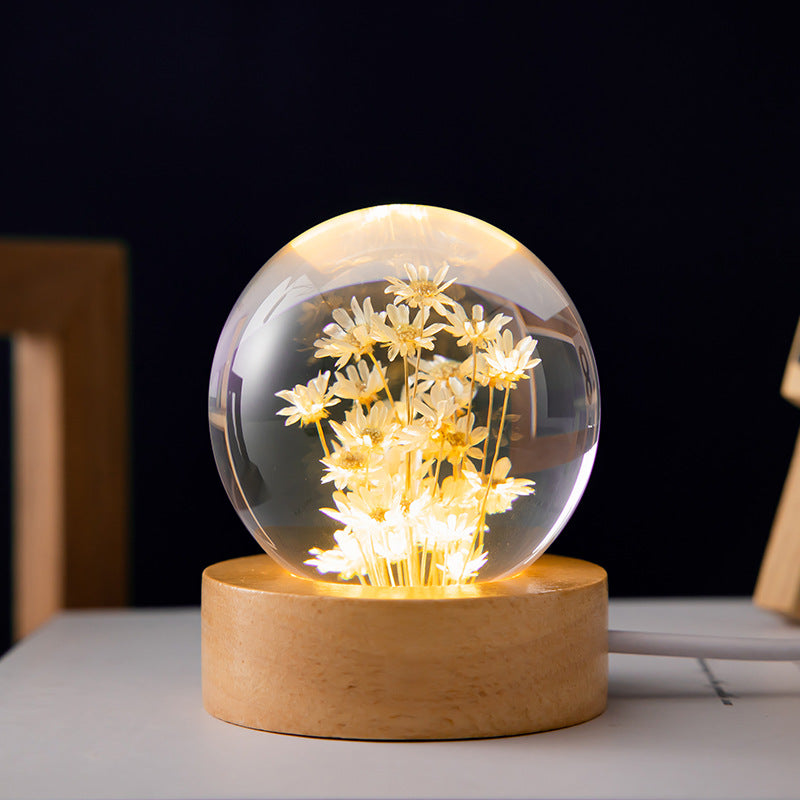 Luminous 3D , Preserved Flower Crystal Ball, with Beech Wood Stand Base