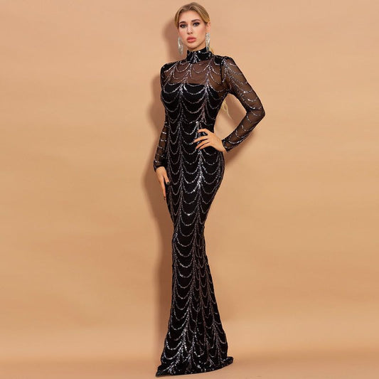 Black Sequin Web Evening Gown