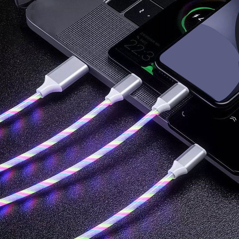 1.2m/3.9ft 3-In-1 LED Flowing Light, Charging USB Cable For Android, Type-C