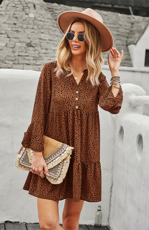 Women's Fashion Leopard Print V-Neck Dress