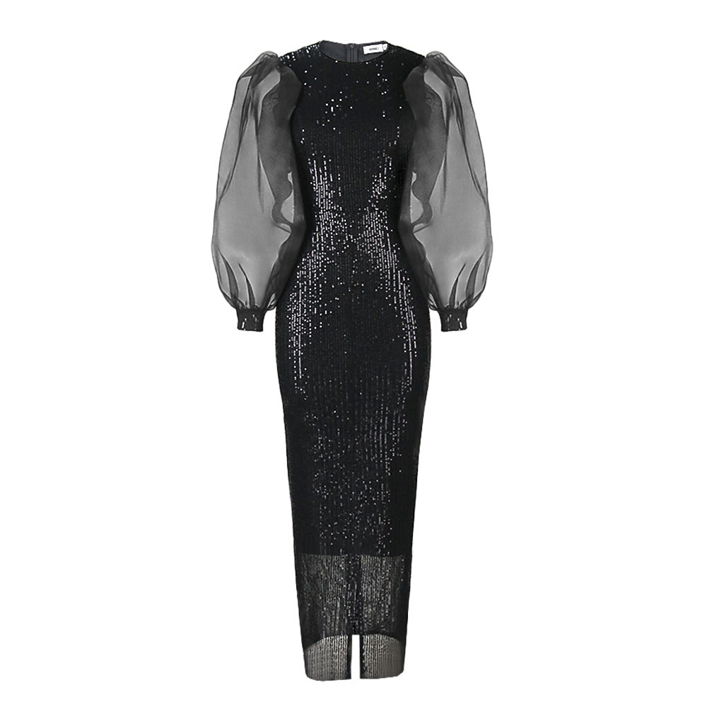 Lantern Sleeve, Stretch Sequin,  Mid-length Party Dress