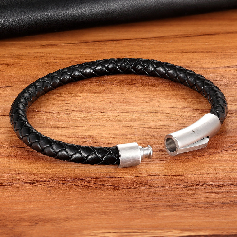 Classic Style Mens Leather Bracelet, Simple Black Stainless Steel Button,  Handwoven