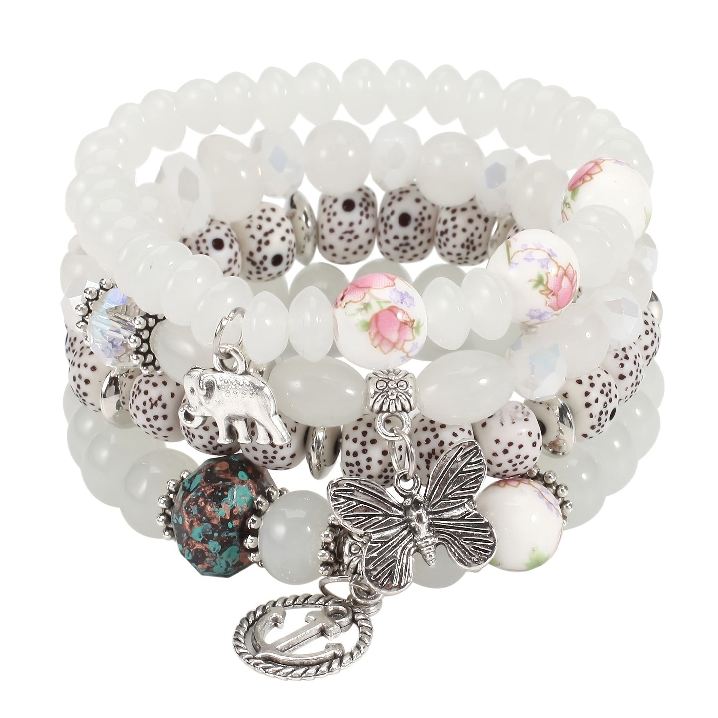 Bohemian Layered Beaded Bracelet, Elephant, Anchor, & Butterfly Shaped Pendants, Stretch & Stackable