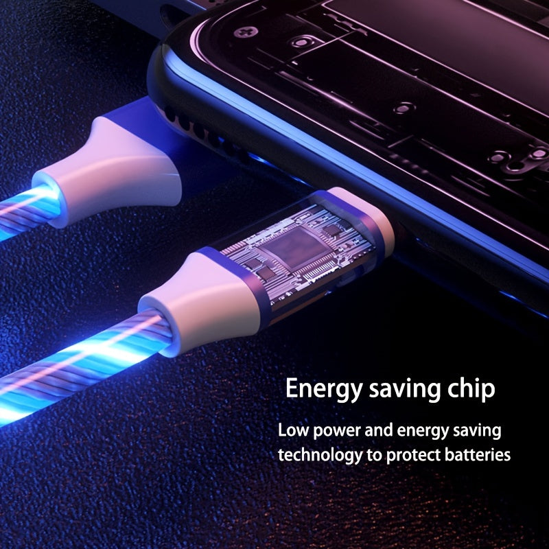 1.2m/3.9ft 3-In-1 LED Flowing Light, Charging USB Cable For Android, Type-C