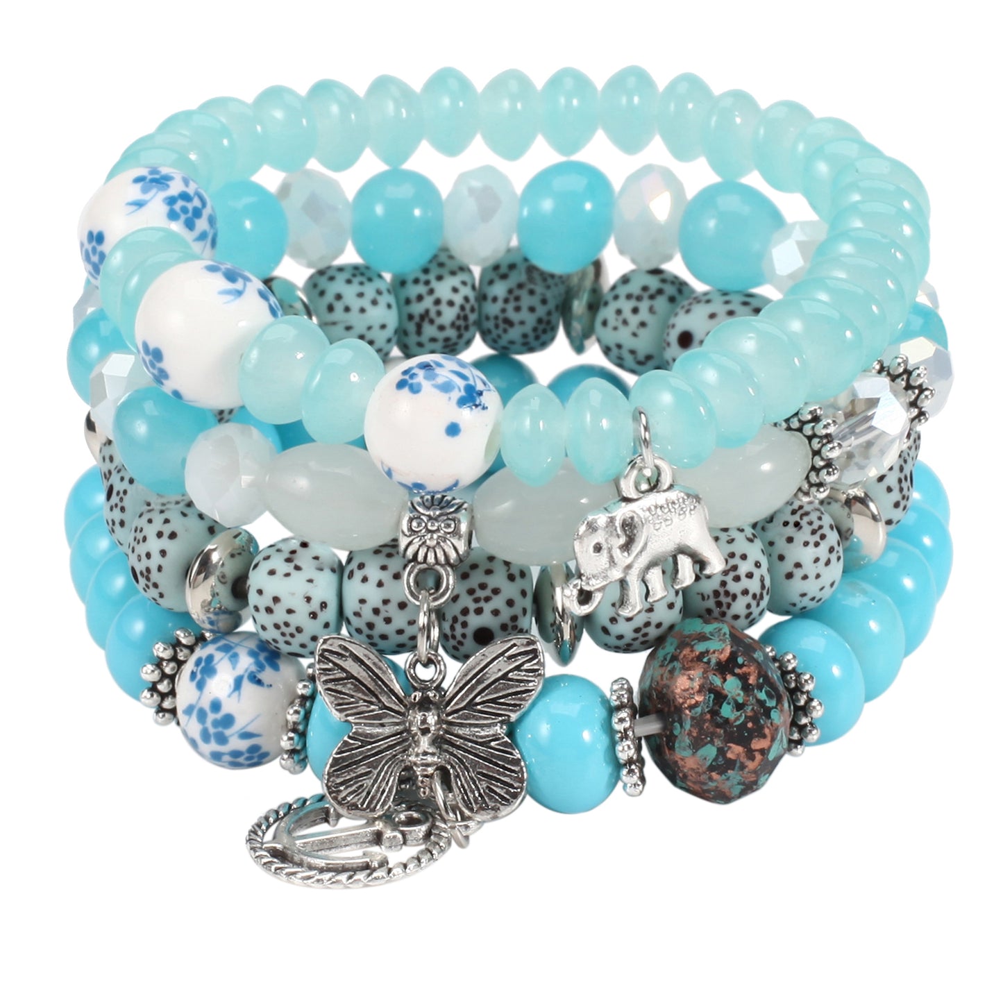 Bohemian Layered Beaded Bracelet, Elephant, Anchor, & Butterfly Shaped Pendants, Stretch & Stackable