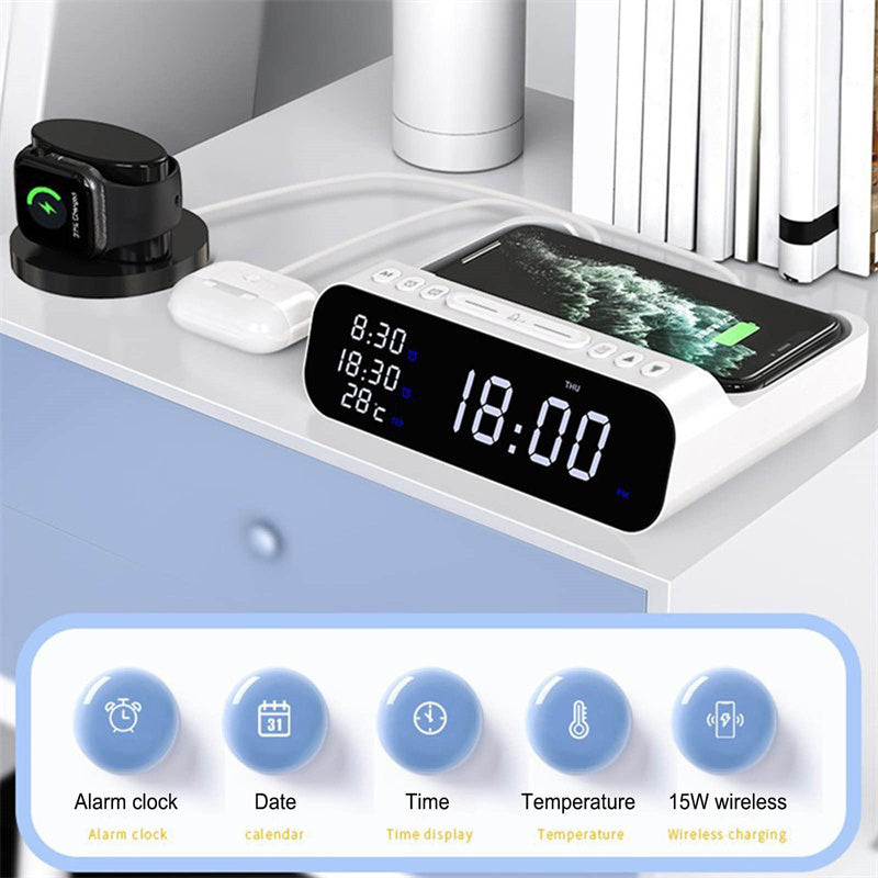 Multi Alarm Clock with Fast Charging Mobile Phone Charging Station, USB, and built-in thermostat