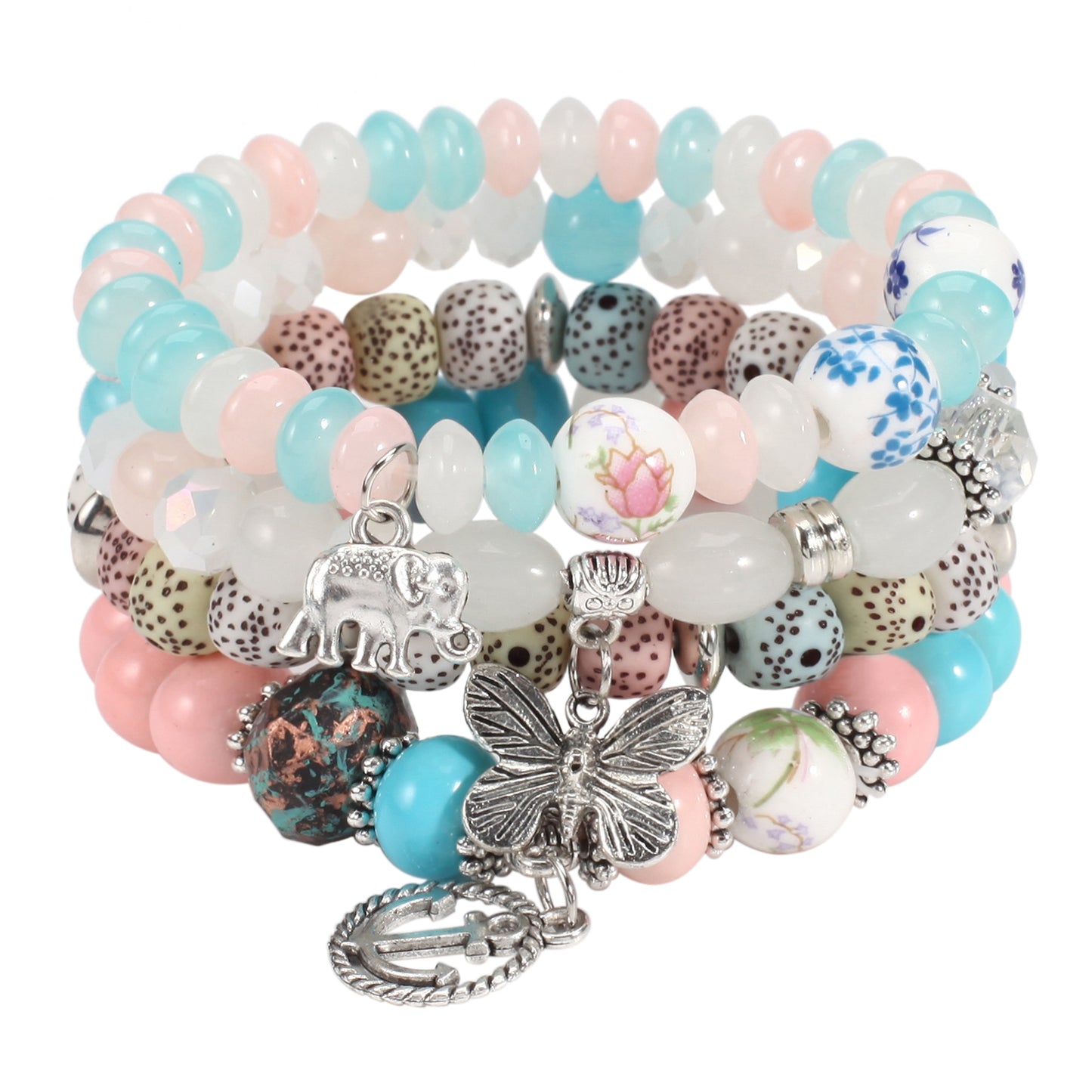 Bohemian Layered Beaded Bracelet, Elephant, Anchor, & Butterfly Shaped Pendants, Stretch & Stackable