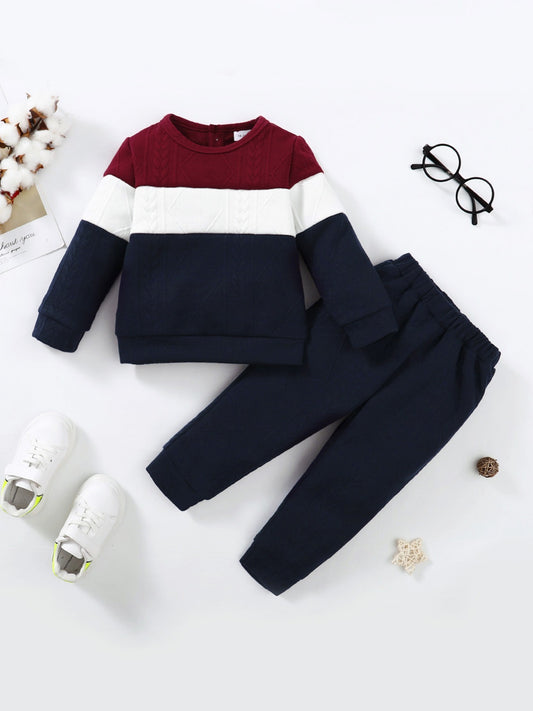 Boys Casual Knitted Color Block Pullover Top & Pants Set