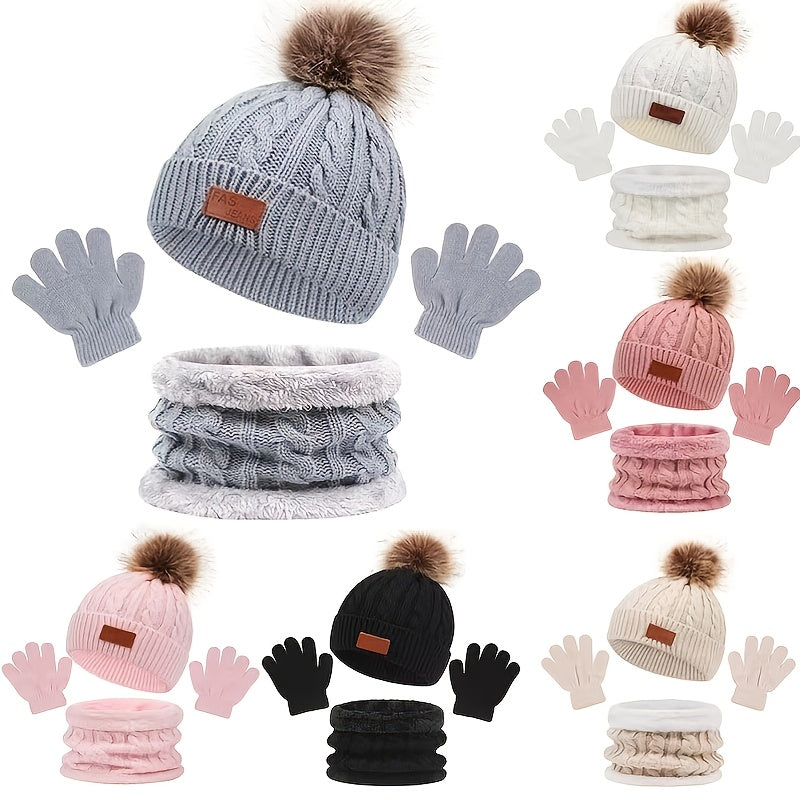 3pc Girls Knitted Thermal Beanie Hat & Gloves & Scarf Set