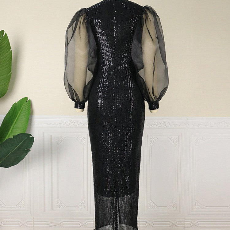 Lantern Sleeve, Stretch Sequin,  Mid-length Party Dress