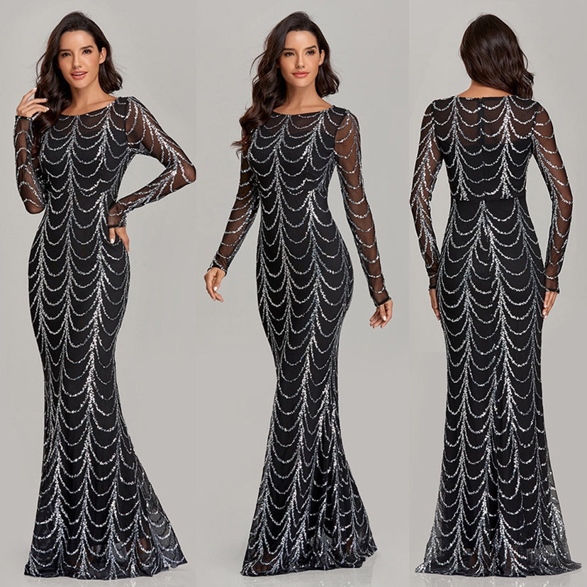 Black Sequin Web Evening Gown