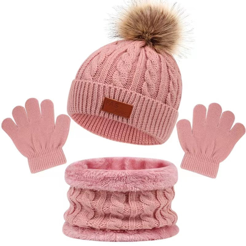 3pc Girls Knitted Thermal Beanie Hat & Gloves & Scarf Set